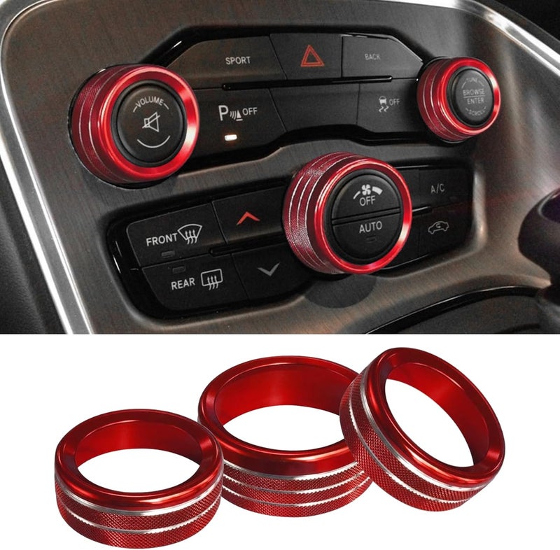 Tecledsn 3PCS Air Conditioner Switch Button Knob Cover, Aluminum Alloy Knob Ring Trim Cover, Climate Control Knob Covers, Auto Accessories Compatible with Dodge Challenger Durango 2015-2022 (Red) - Image 1